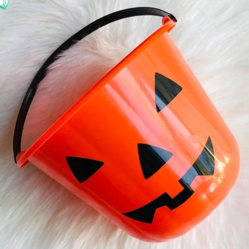 Kids Halloween Candy Bucket Orange Black Handle